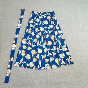 Ann Taylor Skirt WMNS 0 Blue Floral Belted Cotton Midi Cottagecore Preppy Chic